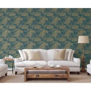 DUTCH WALLCOVERINGS Tapet Tropical mörkblå och guld - Bild 4