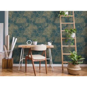 DUTCH WALLCOVERINGS Tapet Tropical mörkblå och guld - Bild 7