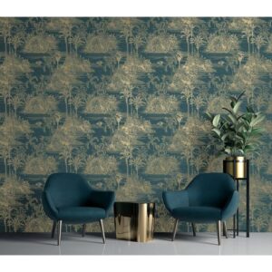 DUTCH WALLCOVERINGS Tapet Tropical mörkblå och guld - Bild 8