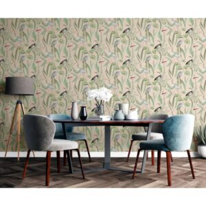 DUTCH WALLCOVERINGS Tapet Flamingo gräddvit och mintgrön - Bild 4