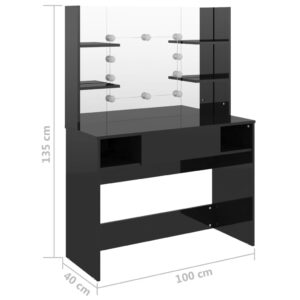 vidaXL Sminkbord med LED-belysning 100x40x135 cm MDF svart glänsande - Bild 6