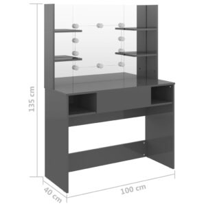 vidaXL Sminkbord med LED-belysning 100x40x135 cm MDF grå - Bild 6