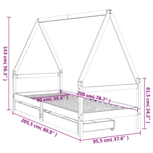 vidaXL Sängram för barnsäng m. lådor vit 90x200 cm massiv furu - Bild 10