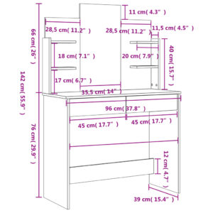 vidaXL Sminkbord med spegel vit högglans 96x39x142 cm - Bild 9