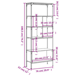 vidaXL Bokhylla 5 hyllplan grå sonoma 76x33x188,5 cm konstruerat trä - Bild 11