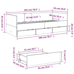 vidaXL Dagbädd med lådor rökfärgad ek 90x200 cm konstruerat trä - Bild 10