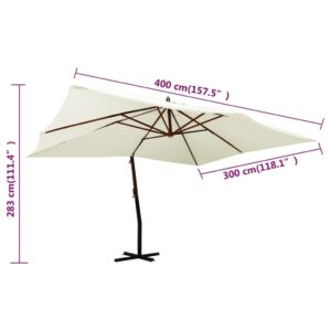 vidaXL Frihängande parasoll med trästång 400x300 cm sandvit - Bild 8