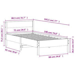 vidaXL Sängram med huvudgavel vaxbrun 75x190 cm massiv furu - Bild 9