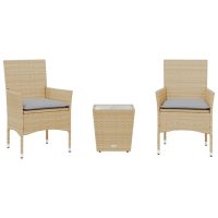 vidaXL Bistrogrupp med dynor 3 delar beige konstrotting och glas - Bild 2